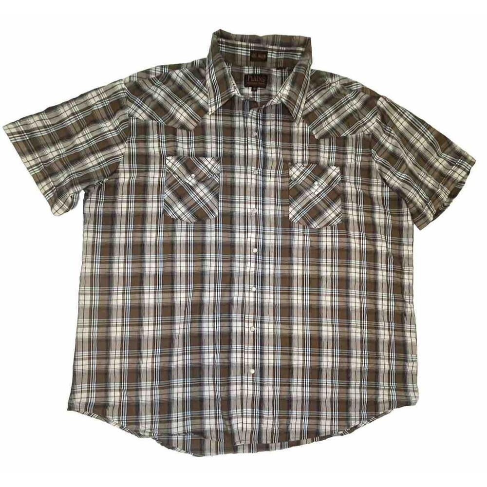 Plains Western Wear Shirt 2XL Plaid Short Sleeve Pearl Snap Button Big Man Brown
